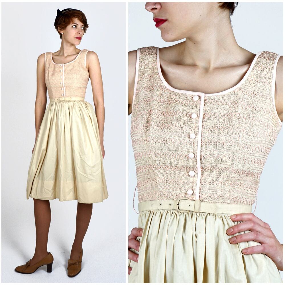 Vintage 1950s Beige and Pink Sleeveless Shirt-Waist Dress w Smocked Tank | Small